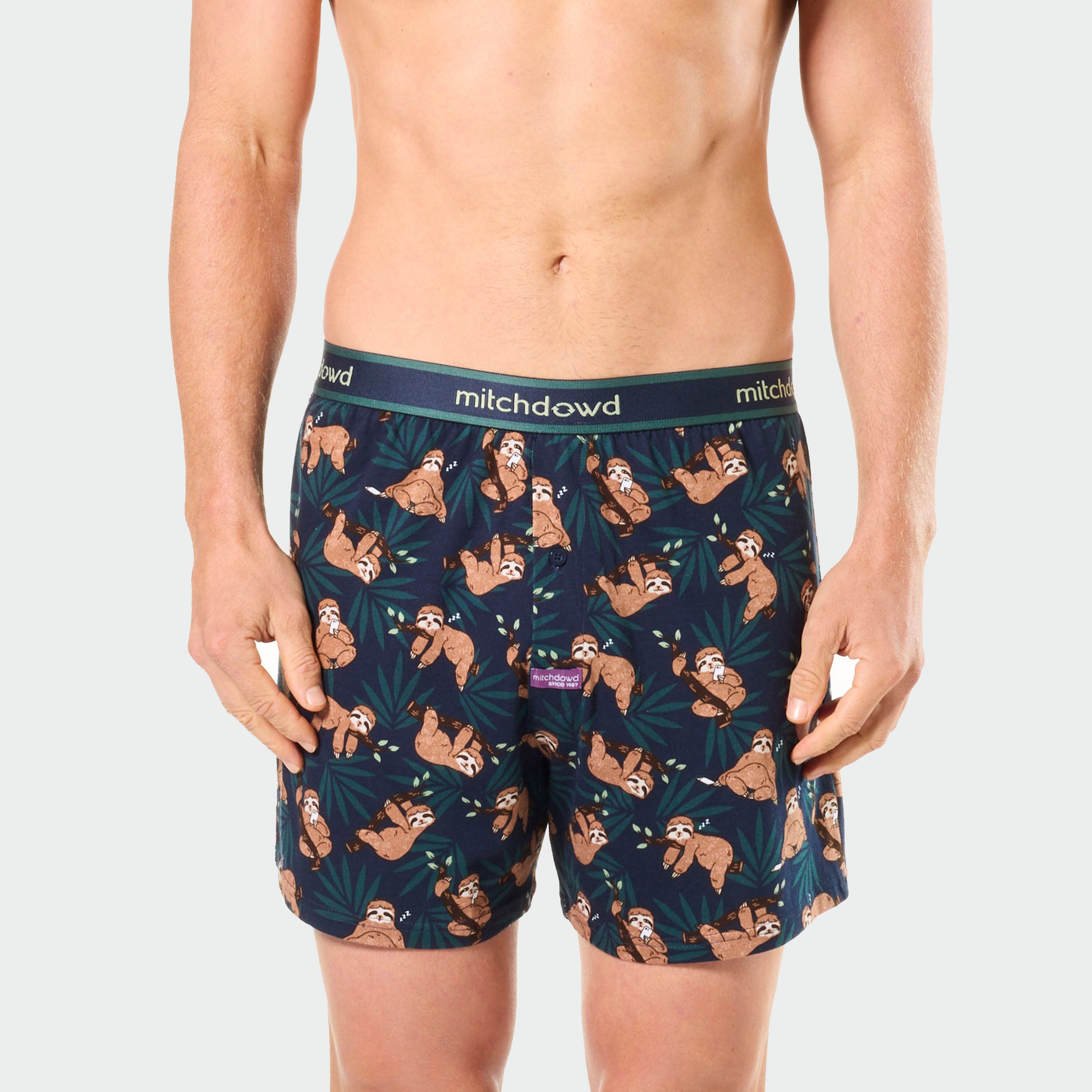 Mitch Dowd Men's Cotton Loose Knit Boxer Shorts in Sloth Mode Print