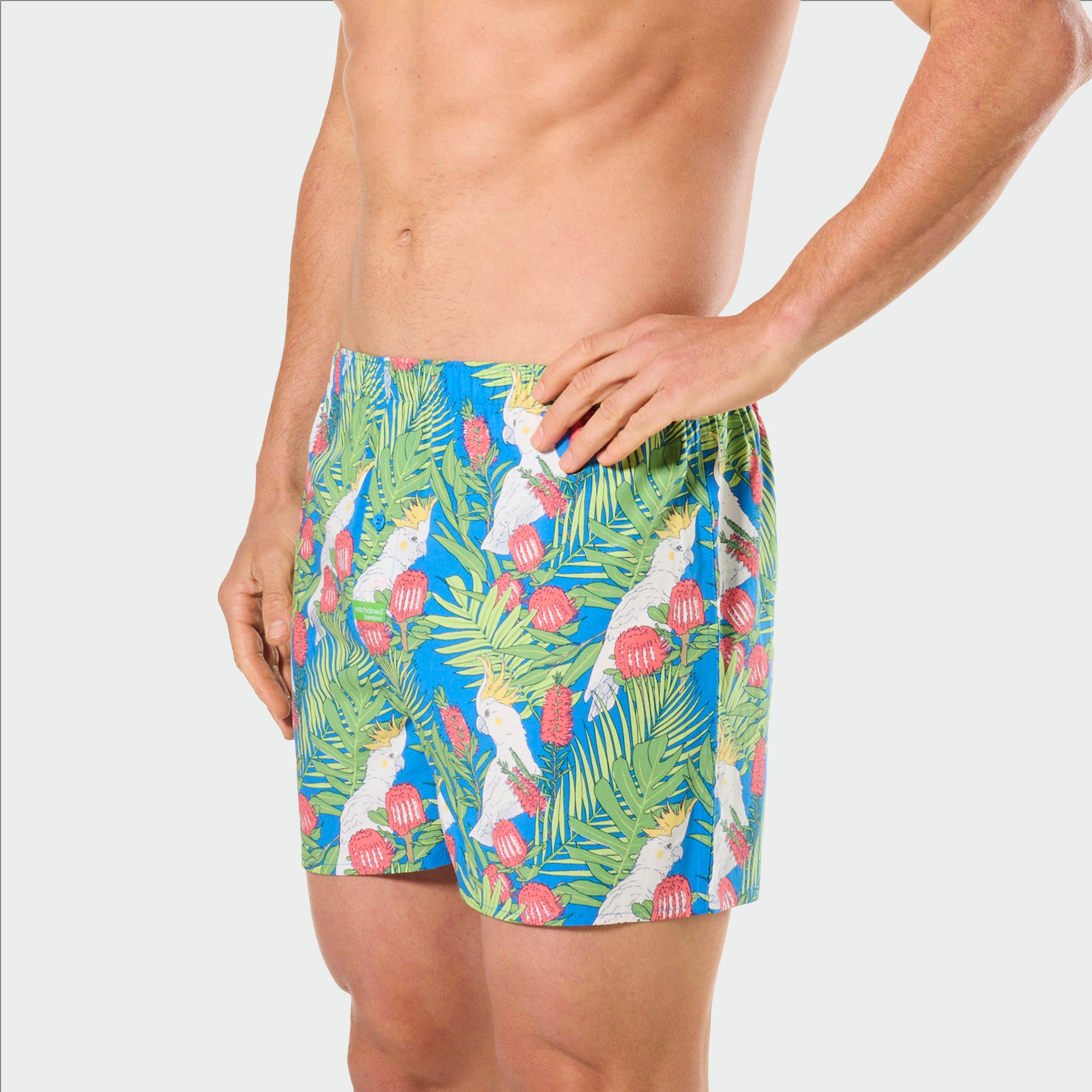 Mitch Dowd Men's Bamboo Boxer Shorts in Cockatoo Leaves Print