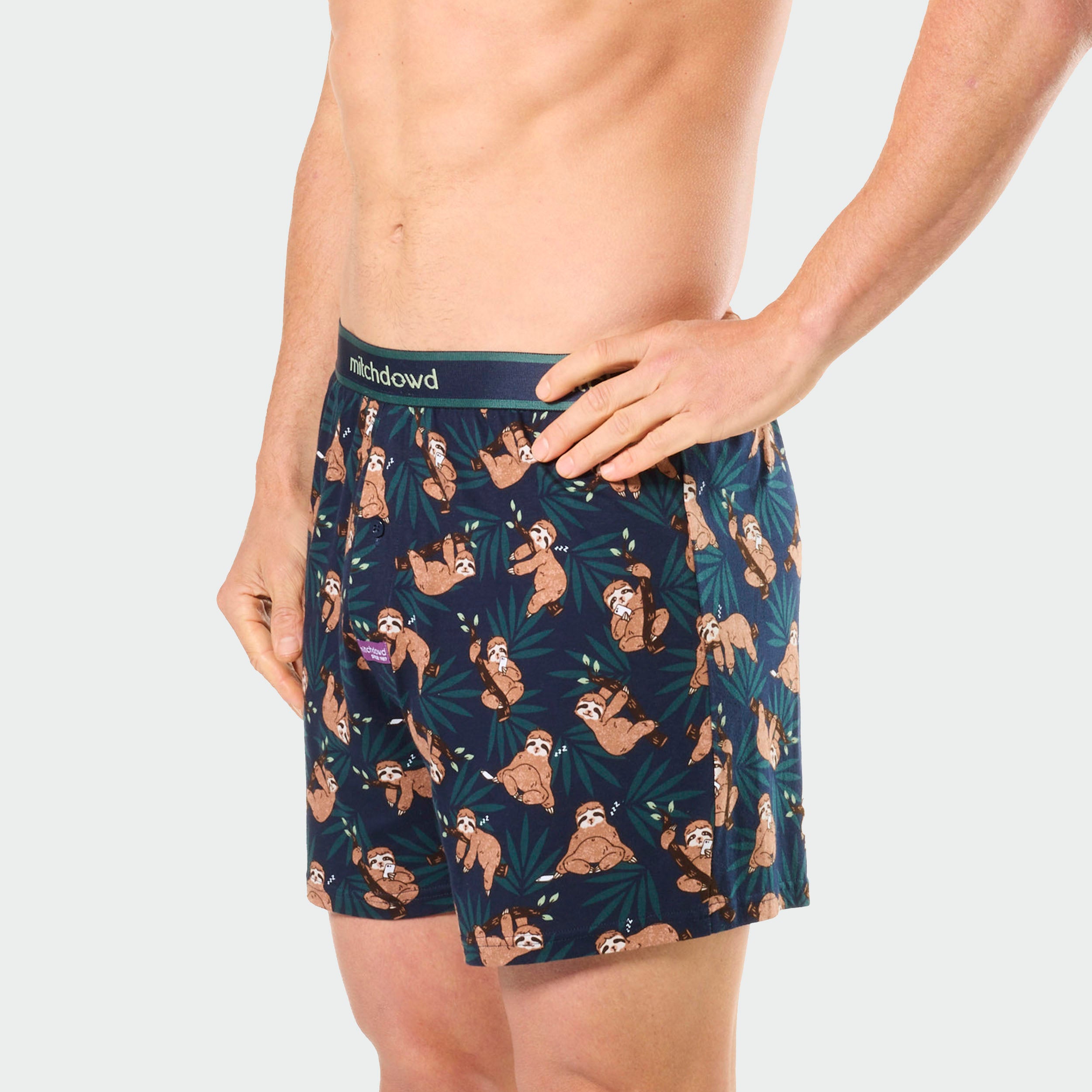 Mitch Dowd Men's Cotton Loose Knit Boxer Shorts in Sloth Mode Print