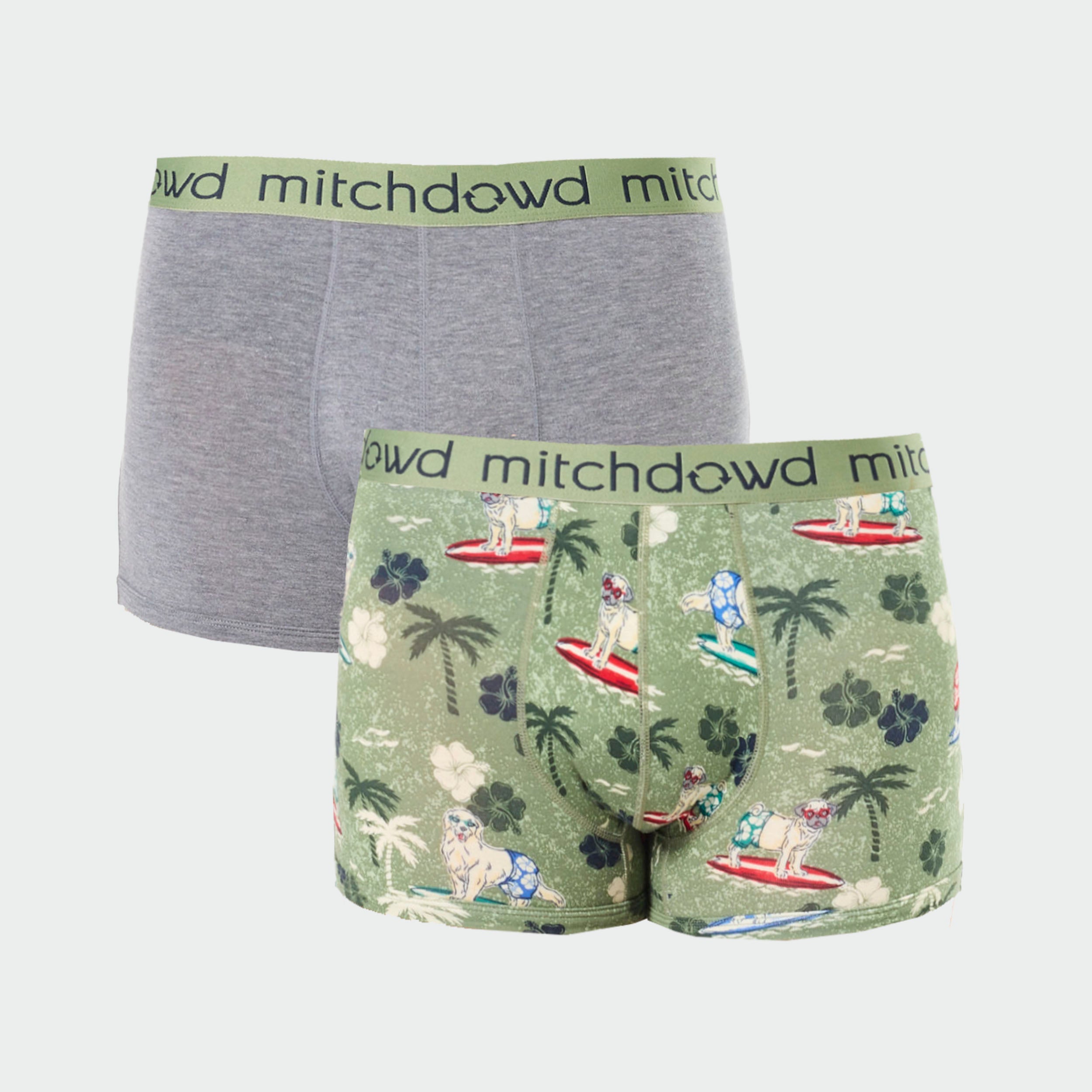 Mitch Dowd Men’s 2 Pack Bamboo Trunks in Grey and Surf Dog Print