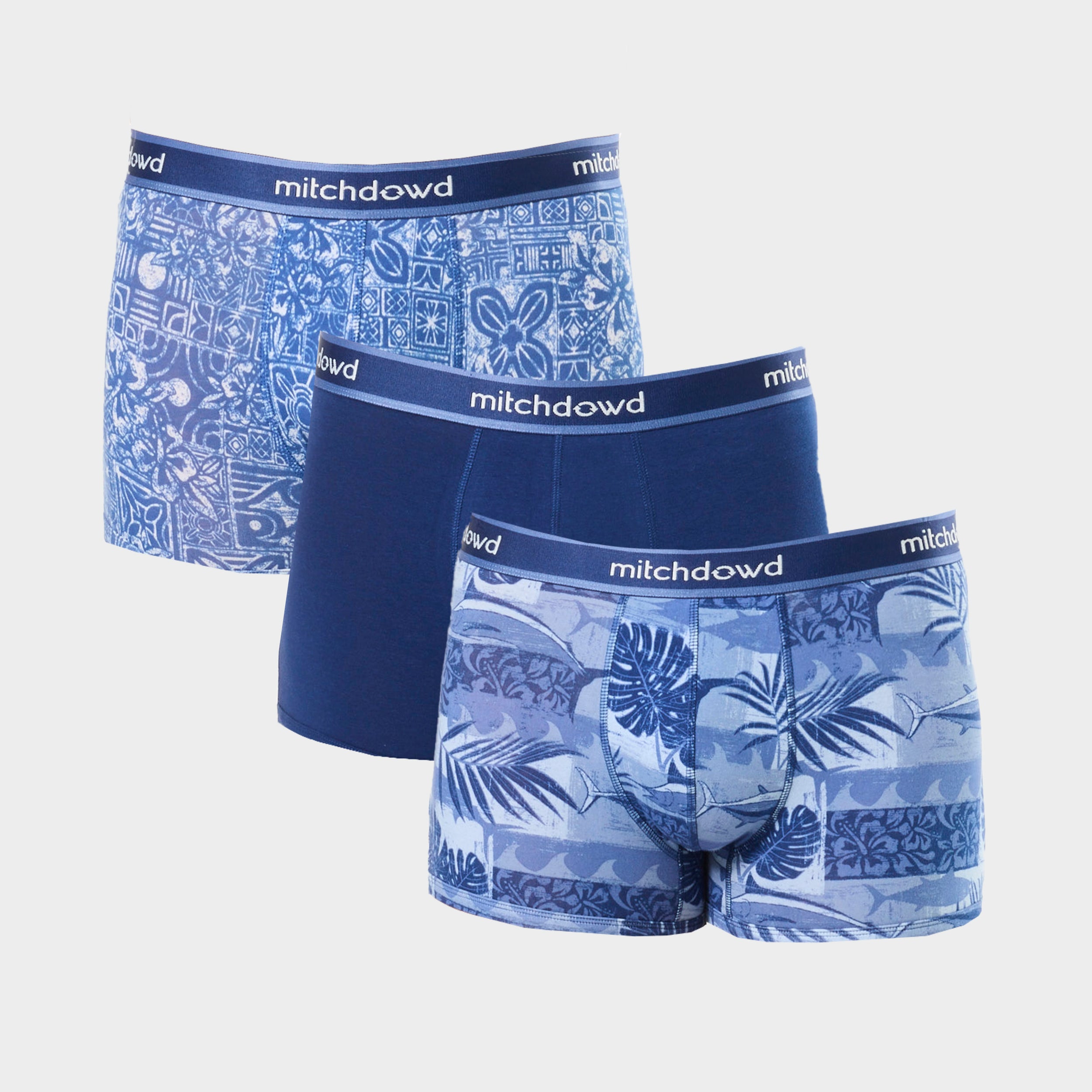 Mitchdowd Men’s 3 Pack Trunks in Blue Tones and Tropical Design