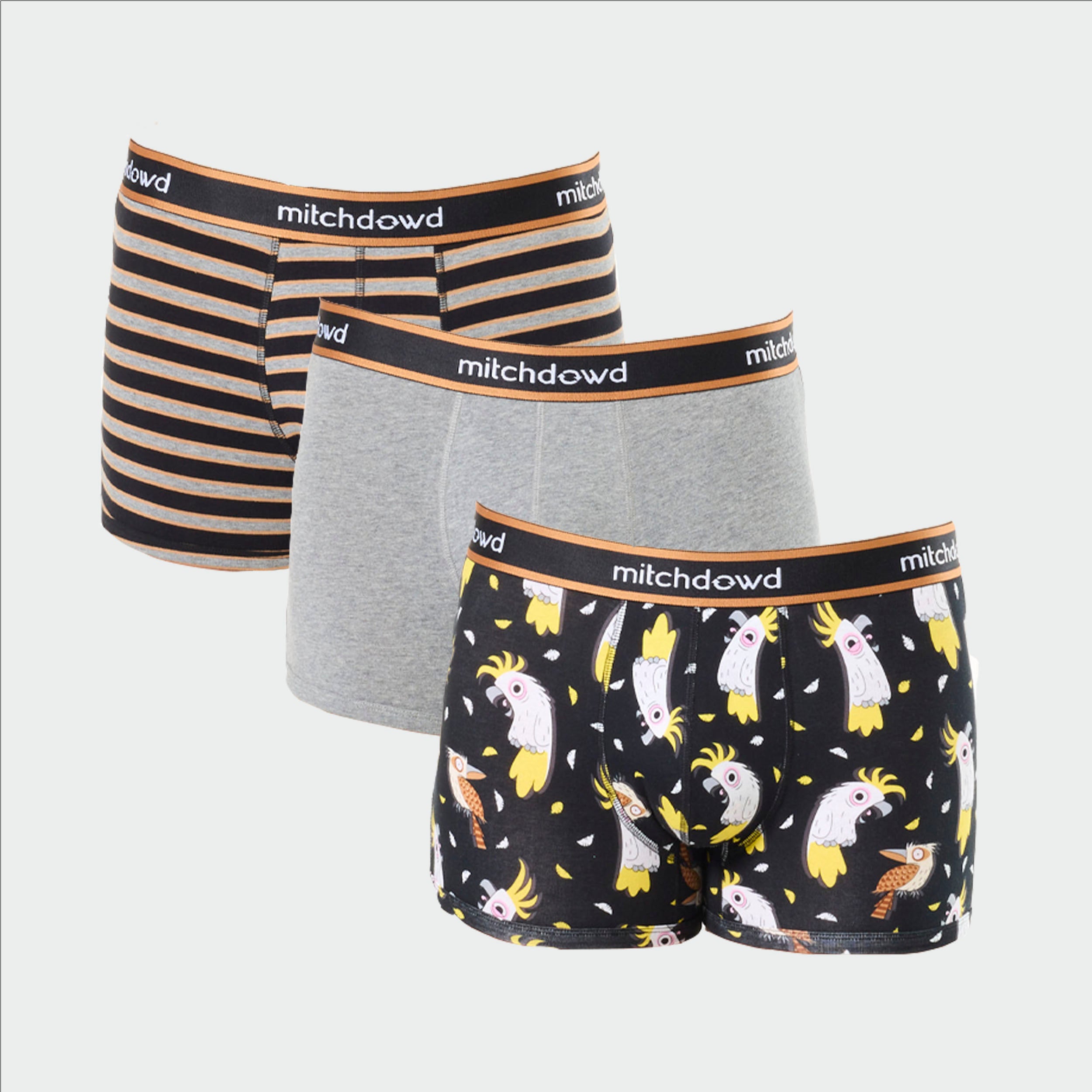 Mitch Dowd Men’s 3 Pack Trunks in Stripe, Grey and Cockatoo Print